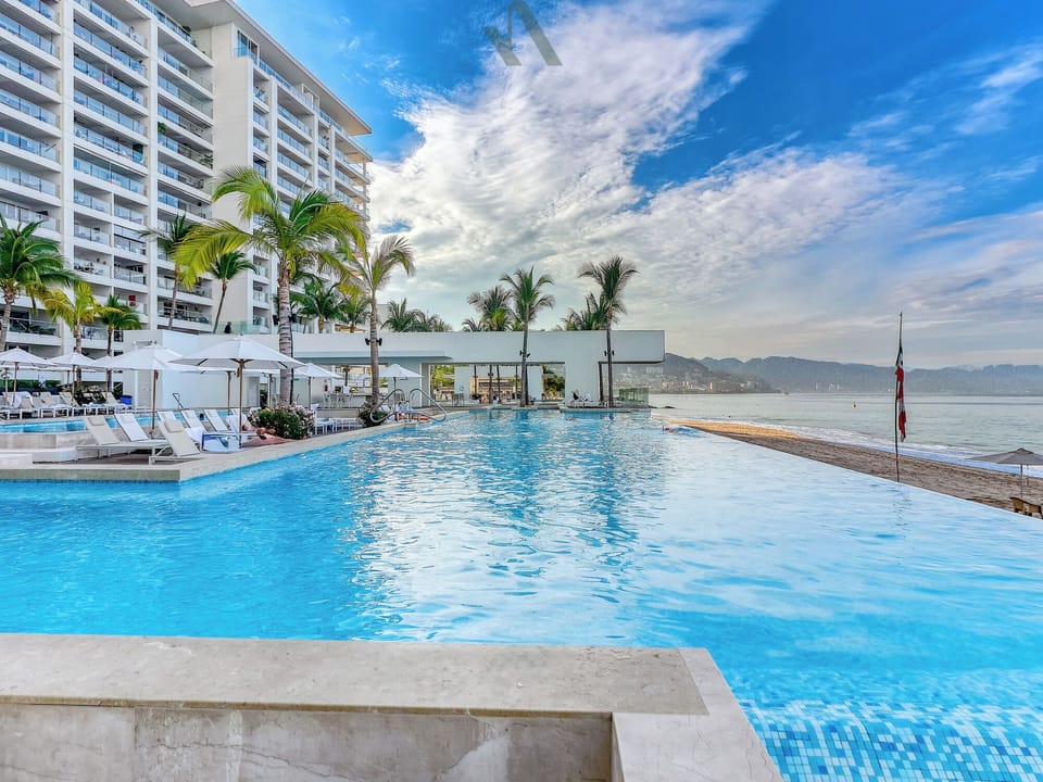 Oceanfront pool with panoramic coastline views, palm trees, and plenty of seating in a serene resort setting.