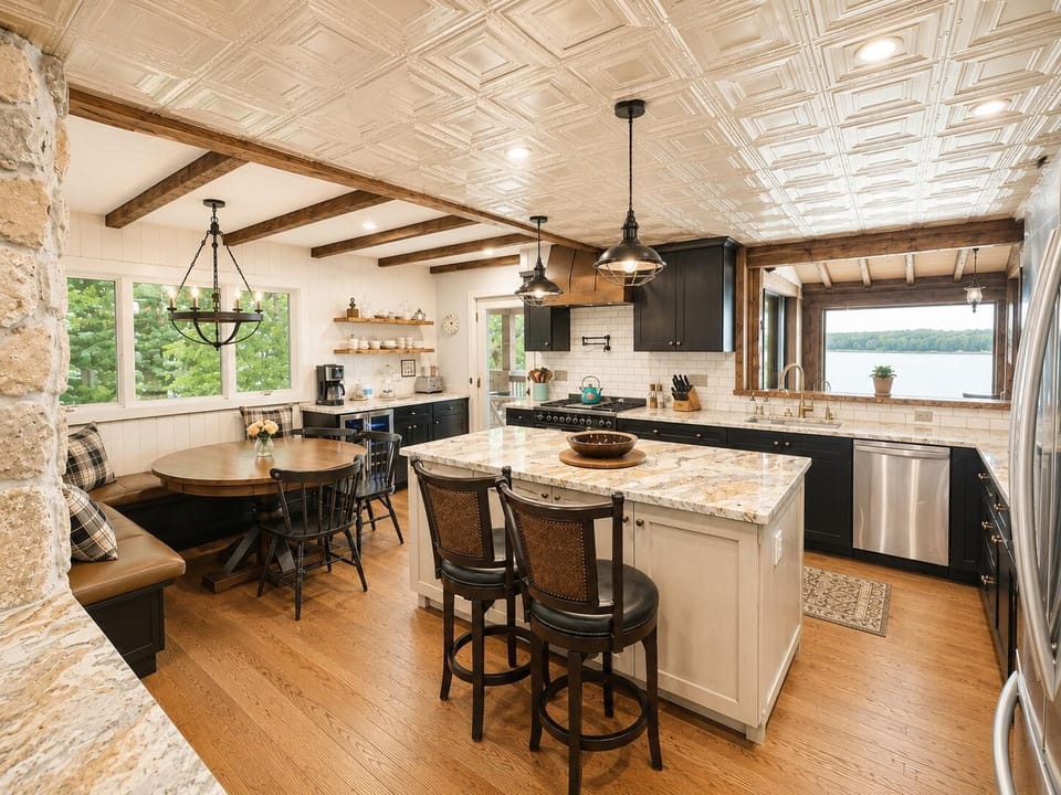 Marble island with dark wood stools faces black cabinetry and lake views through a large kitchen window.