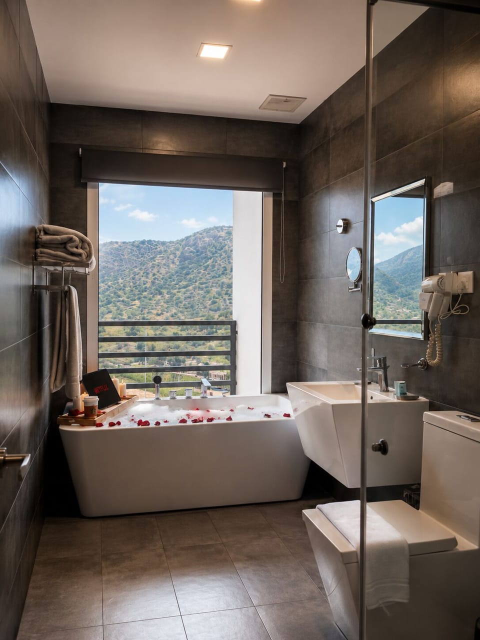 Deluxe Double Room, Balcony, Mountain View | Bathroom | Combined shower/tub, hair dryer, slippers, bidet