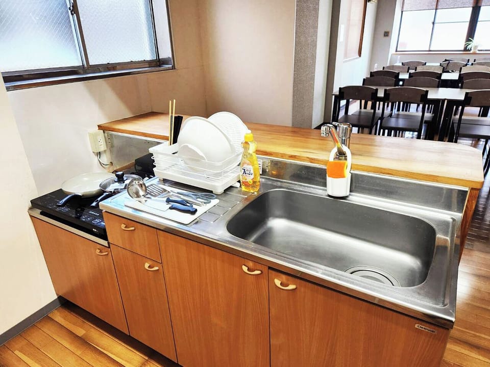 Fridge, microwave, dining table