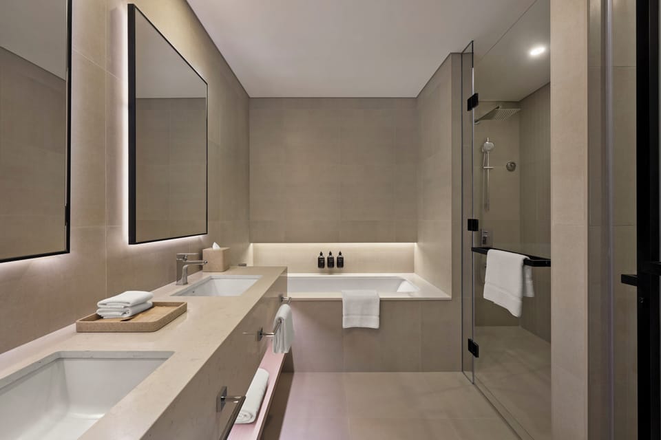 Rainfall showerhead, hair dryer, bathrobes, slippers