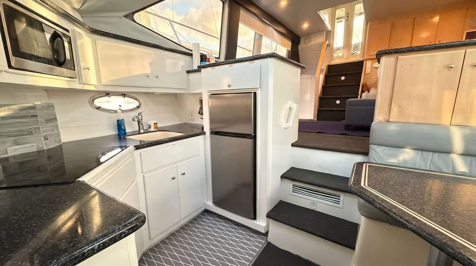 Galley kitchen with induction cooktop, microwave, and dark stone counters


