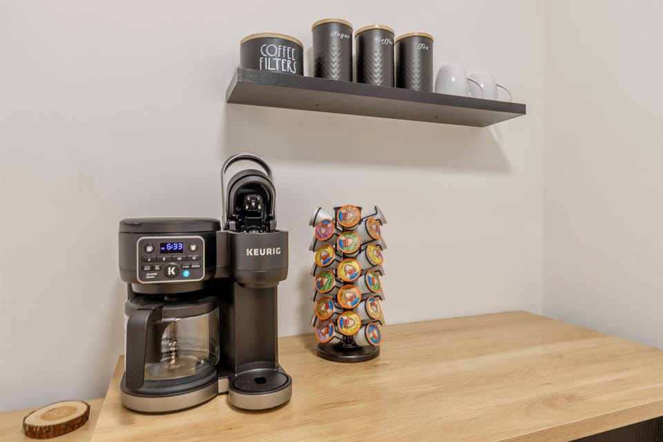 Upstairs pantry area with coffee station, tea and plenty of space for your groceries and coolers during your stay.