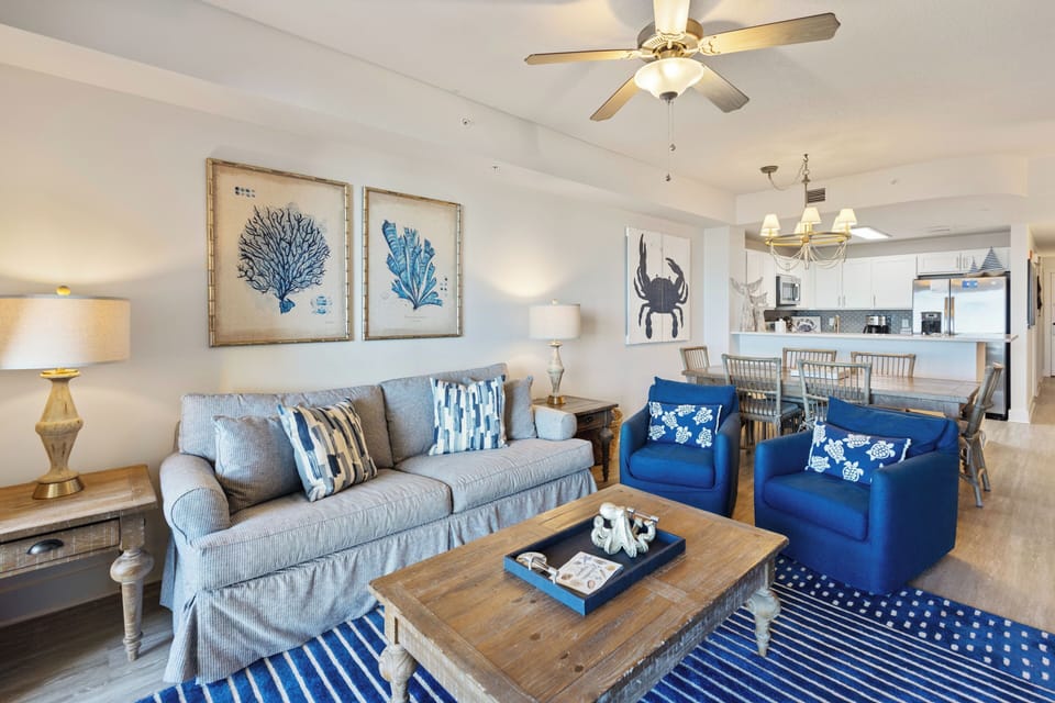 Relax in your coastal-inspired living room with ocean blues and nautical touches, perfect for unwinding after beach days.