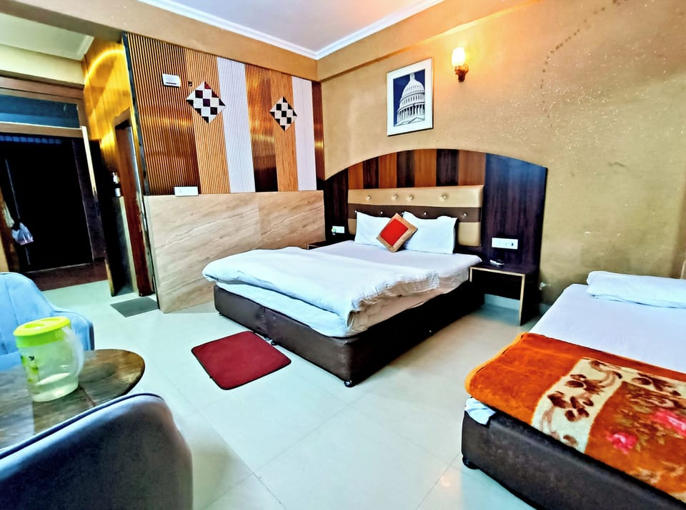 Premium bedding, desk, laptop workspace, soundproofing