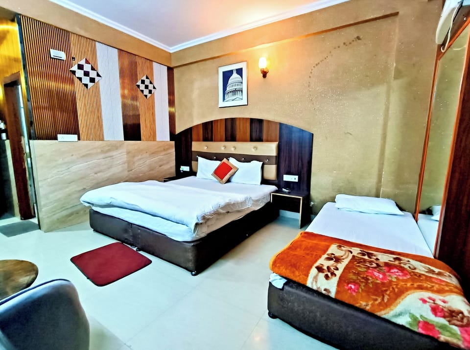 Premium bedding, desk, laptop workspace, soundproofing