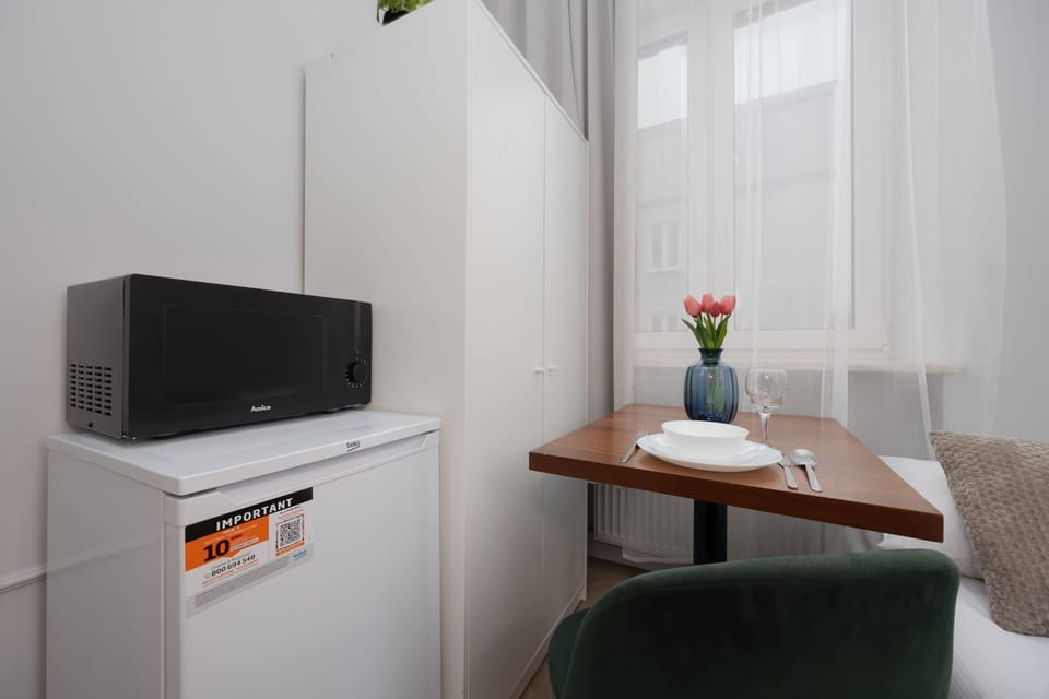 Compact amenities include a microwave and a small fridge for guest convenience.