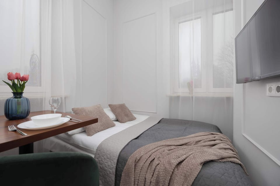 Room perspective highlights the minimalist design and effective use of a small space.