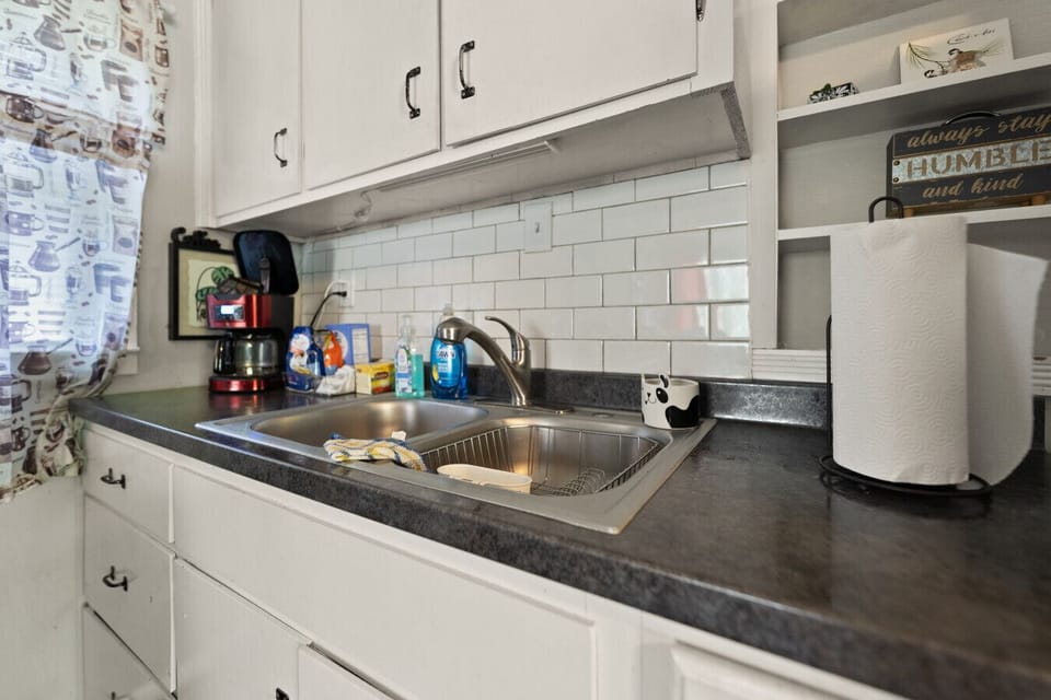 Kitchen | Double Sink | Subway Tile Backsplash | Cleaning Supplies