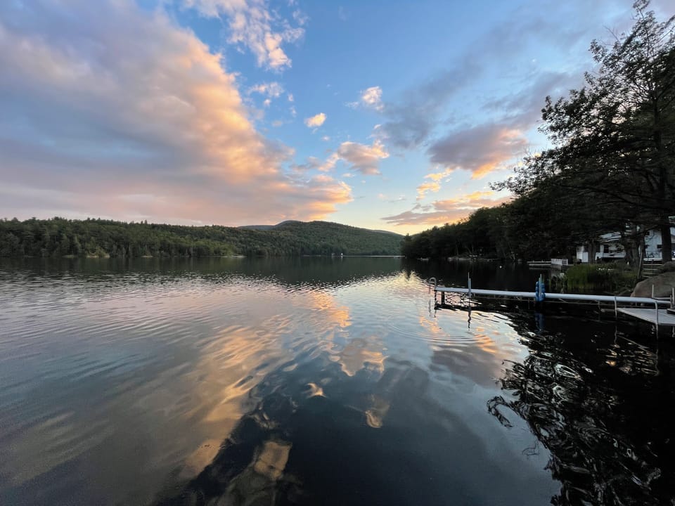 Summertime view from our dock looking west