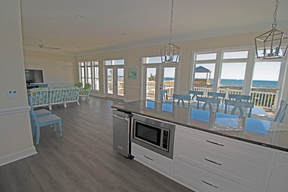 Kitchen, dining, and living area