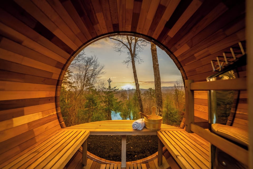 Unwind in your private cedar barrel sauna with forest & mountain views