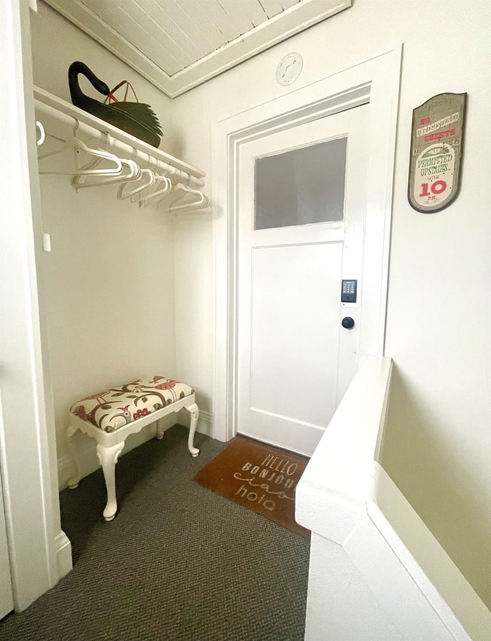 A comfortable entry area to drop off heavy jackets and unwind. Electronic locks on exterior and interior door for ease of entry and deadbolt for safety. 