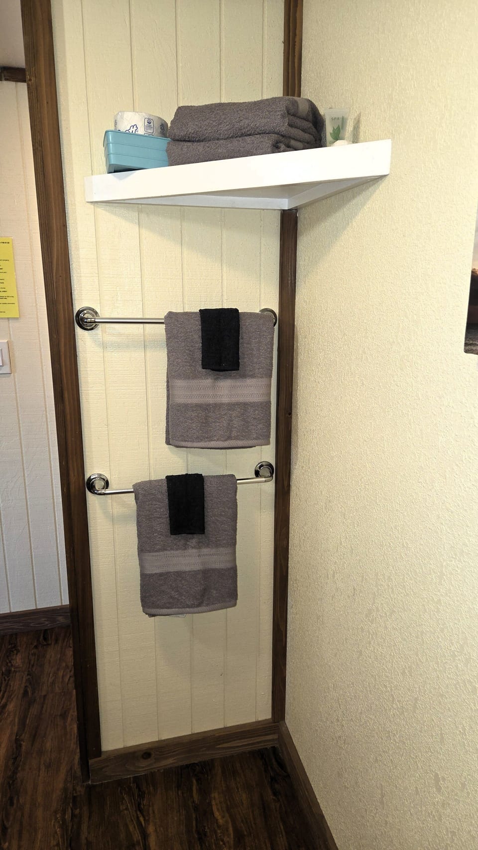 The bathroom has additional storage for your things