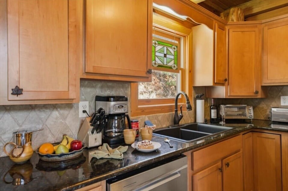 Kitchen | Rustic Cabinetry & Coffee Station | Double Sink & Window Detail