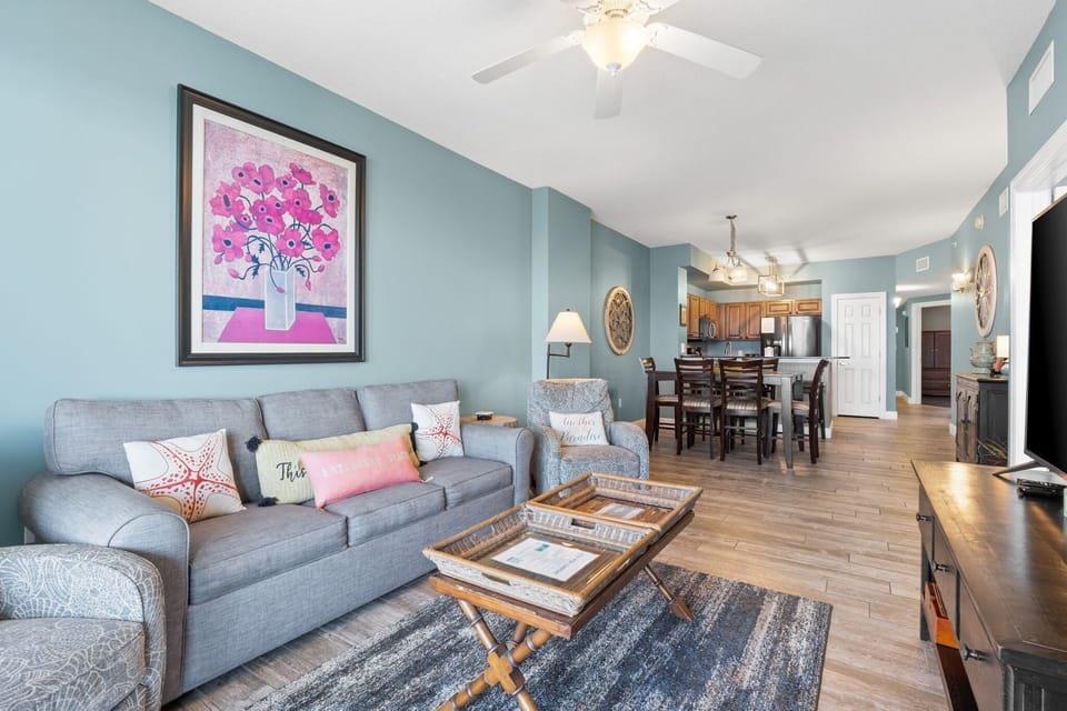 The ceiling fan adds extra comfort and keeps the space cool throughout the day.