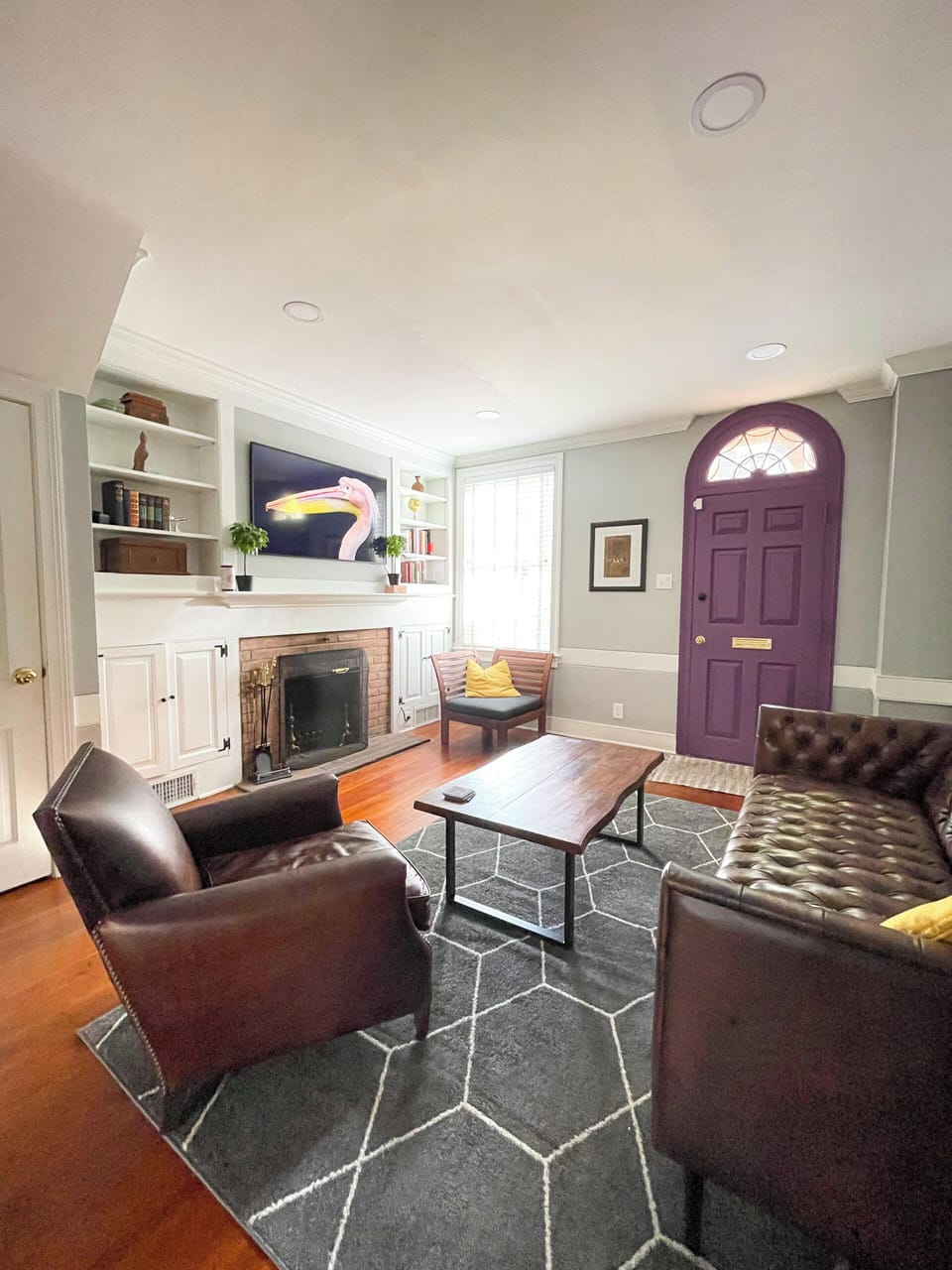 Spacious living room, wood burning fireplace