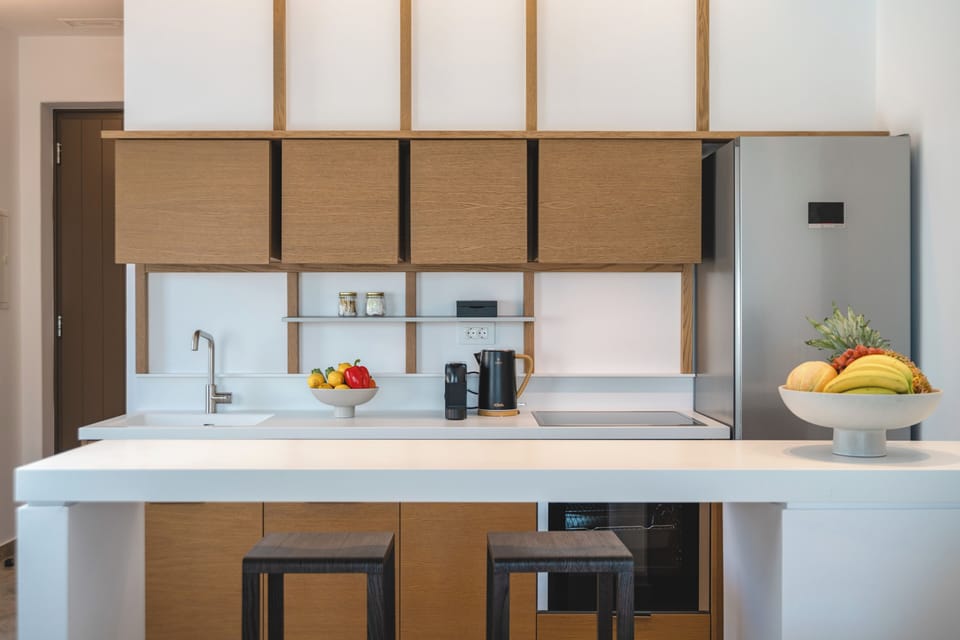 Fridge, oven, stovetop, espresso maker