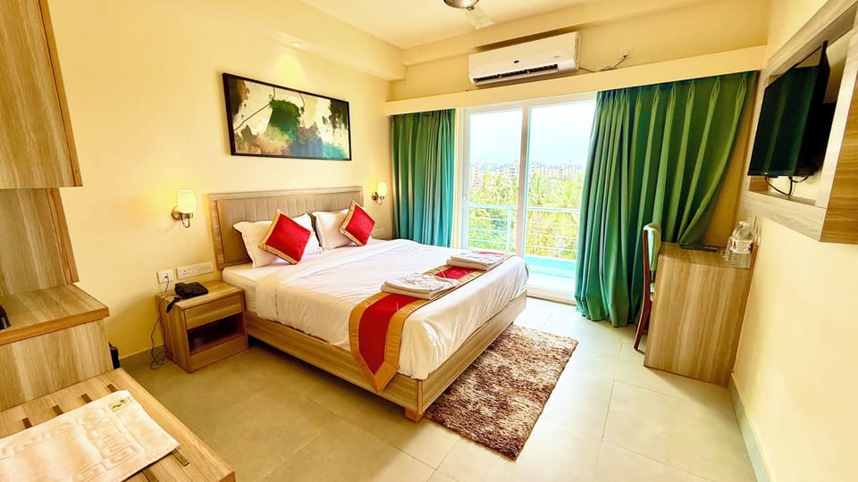 Premium bedding, desk, laptop workspace, soundproofing