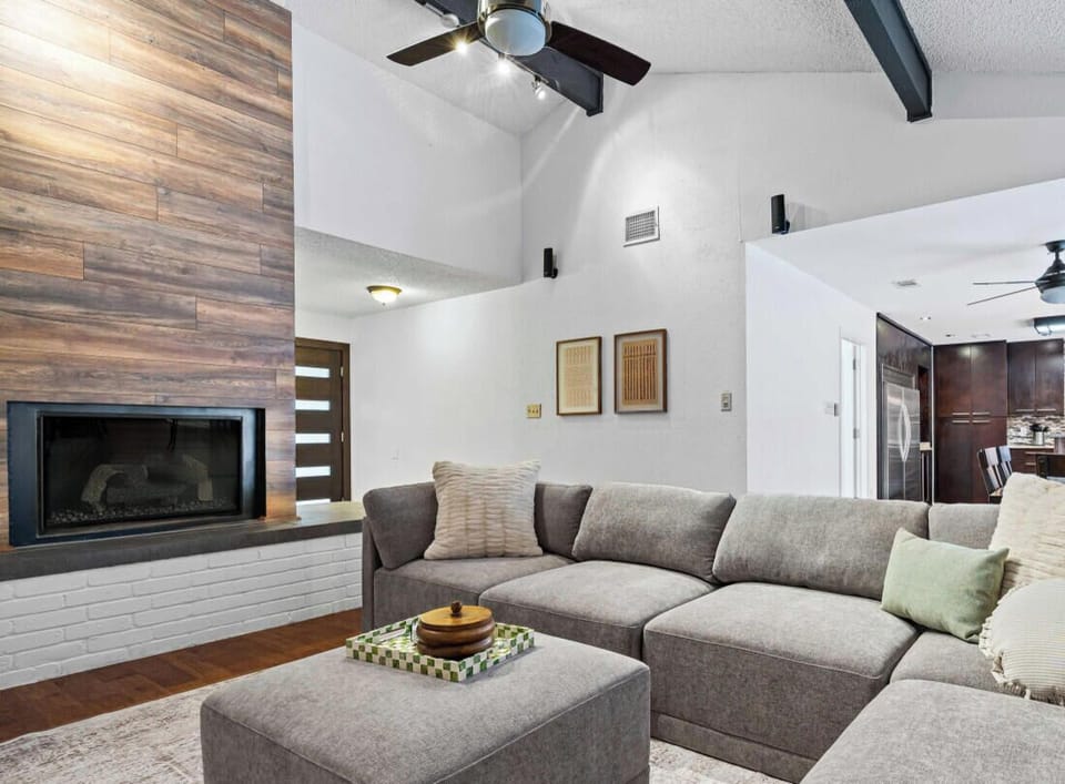 Open living room with soaring ceilings