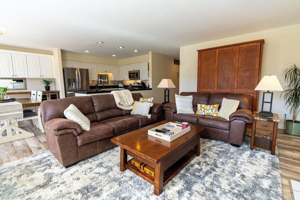 Living room with Murphy Bed and full kitchen in the background