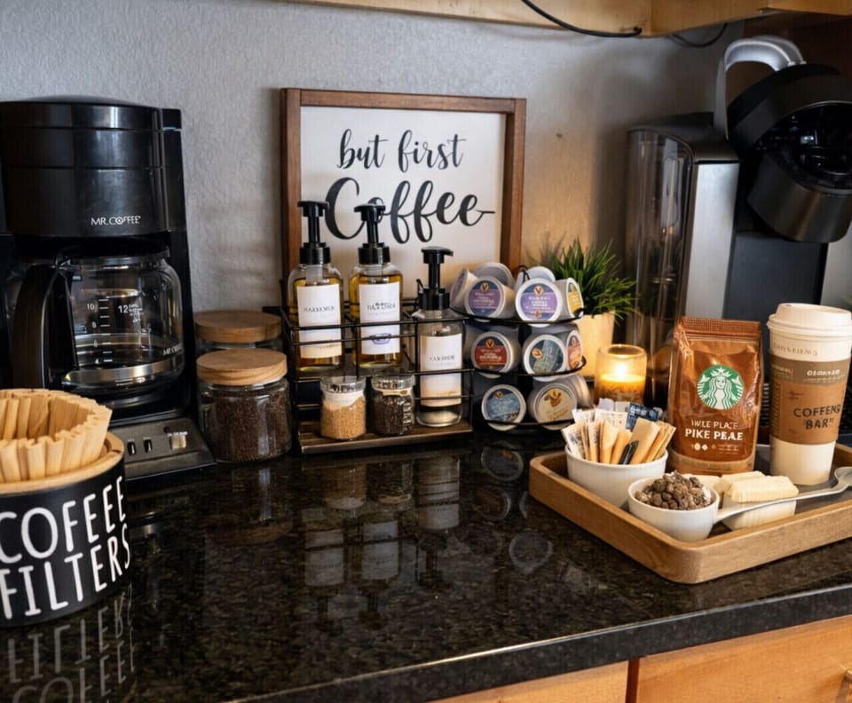 Fully stocked coffee bar with drip maker, pod brewer, and complimentary supplies—perfect for starting your morning during your vacation stay.