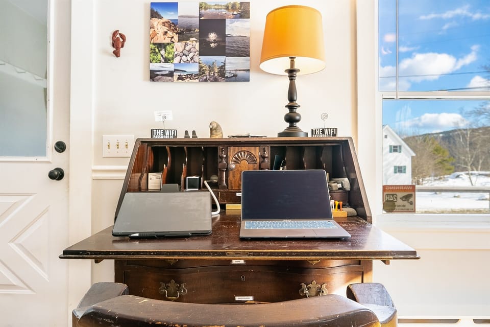 Whether you're sending emails or writing in your travel journal, this antique secretary desk provides a charming dedicated workspace. High-speed WiFi makes it easy to stay connected or work remotely while surrounded by peaceful Maine views.