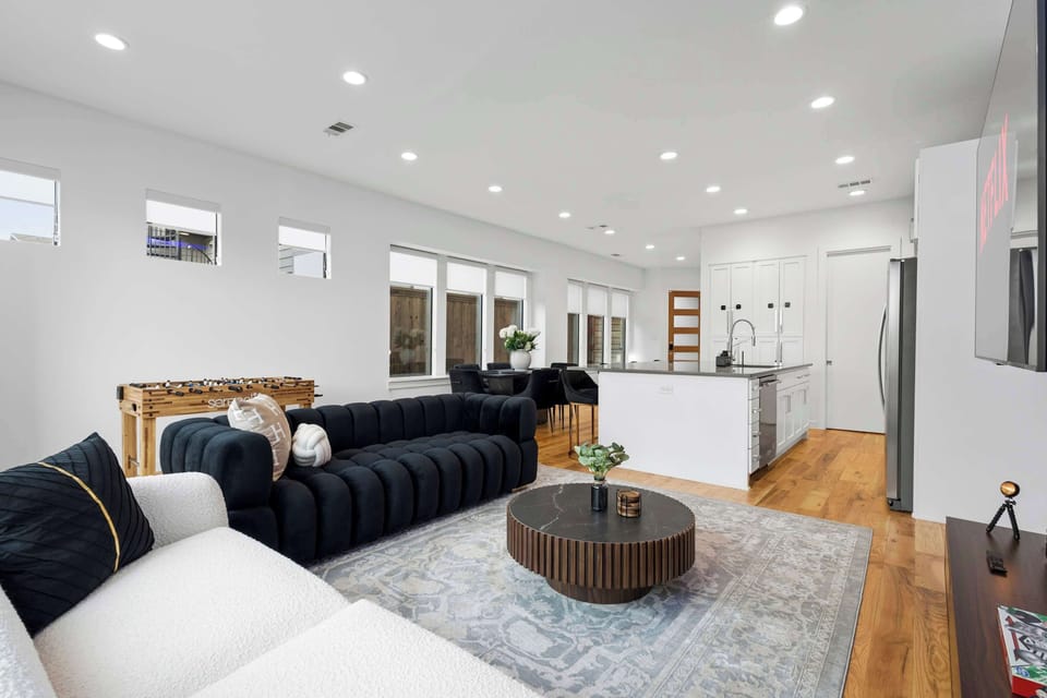 Spacious open layout connecting the lounge, dining, and kitchen areas for easy flow and connection. Designed for group stays, relaxing evenings, and effortless entertaining.