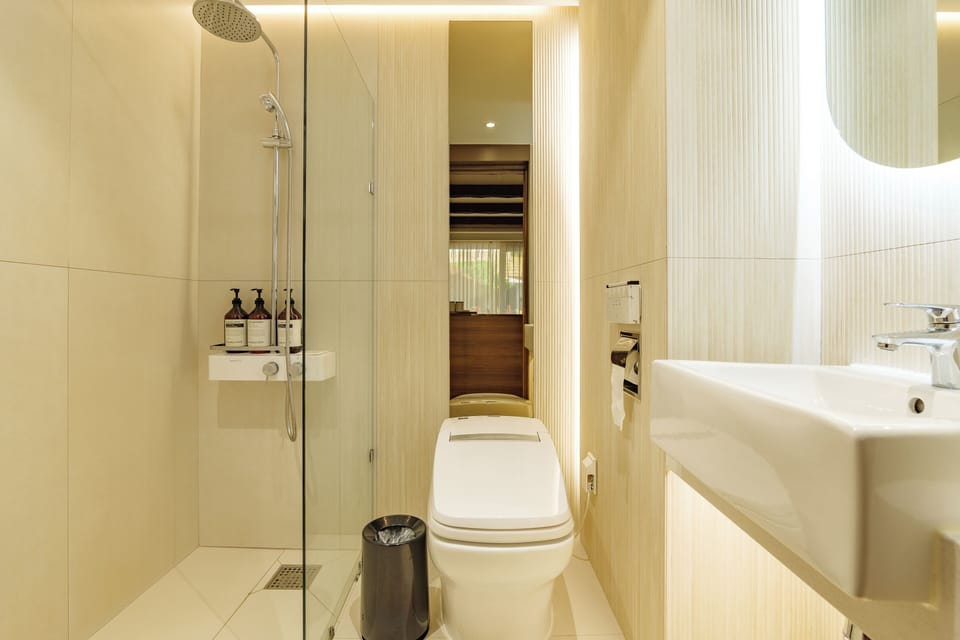 Shower, free toiletries, hair dryer, bathrobes