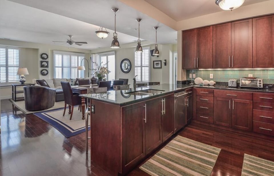 Gather around the island for coffee, snacks, and easy meals.