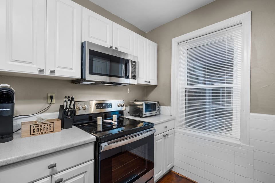 Convenient countertop setup with a toaster oven for quick meals and snacks