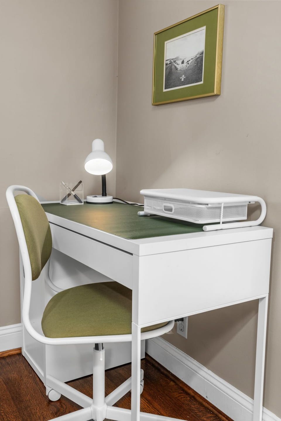 Comfortable workspace with desk and chair, perfect for remote work or studying