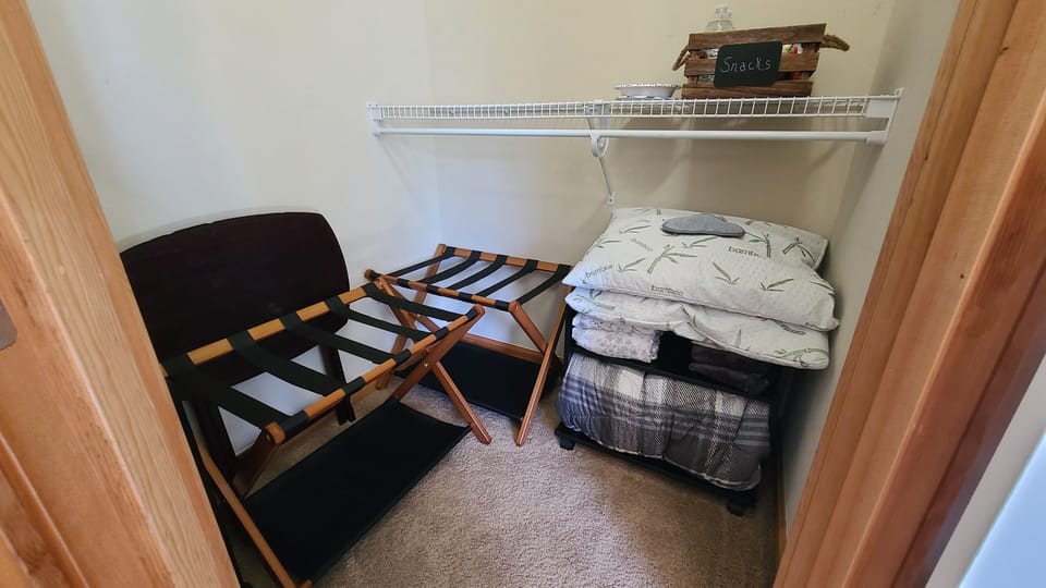 Walk-in closet. Extra blanket,sheets, pillows, pillow cases, heater and tray.