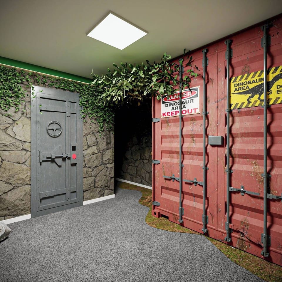 Step into a unique adventure with rugged stone walls and vibrant greenery that set a captivating backdrop. The vintage shipping container adds a playful touch, while the soft carpet underfoot invites exploration and comfort.