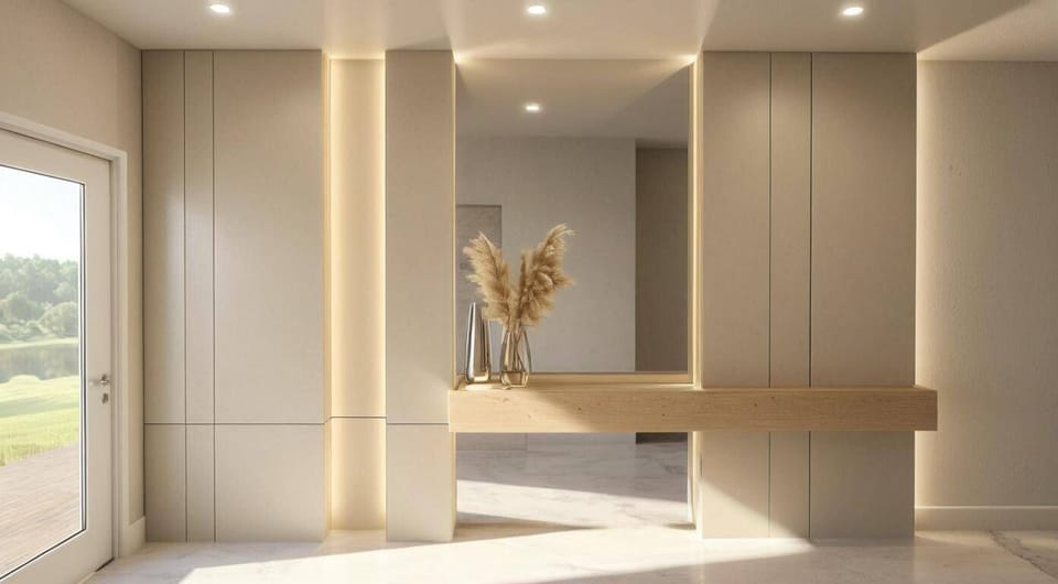 Enter a bright, welcoming space filled with soft tones and natural textures. A sleek wooden console table and elegant wall panels create a warm ambiance, while gentle recessed lighting adds to the inviting atmosphere.