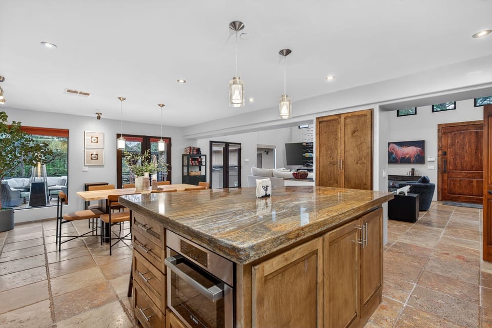 Large island with seating and tons of counter space.