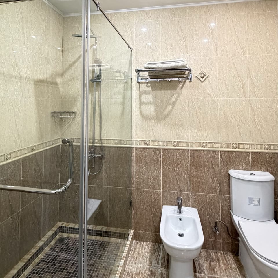 Shower, free toiletries, hair dryer, towels