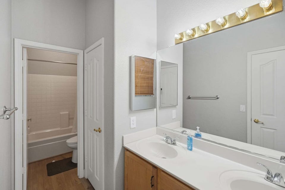 hall bathroom - double vanity. tub/shower combo