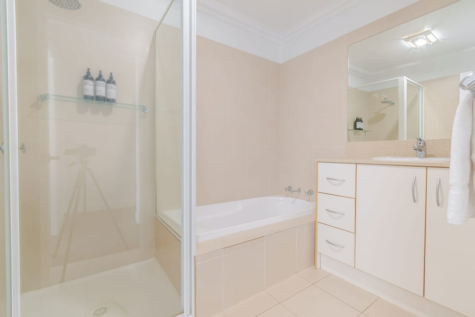 Bathroom - Shower, Bathtub, Toilet + Hair Dryer