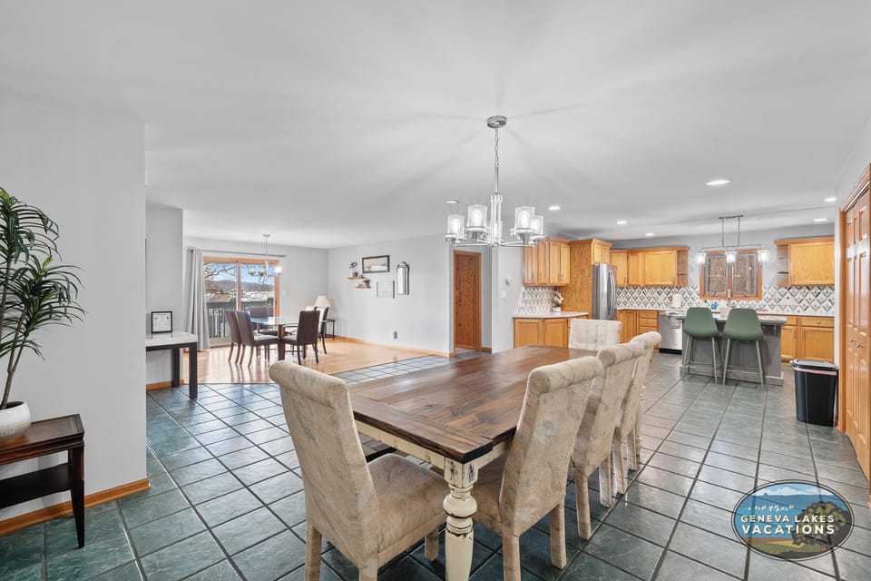 two seating/dining areas for meals, games, and conversations