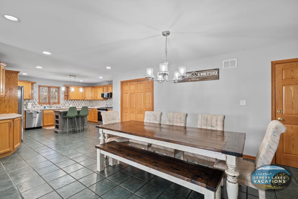 Large dining table with seating for 8