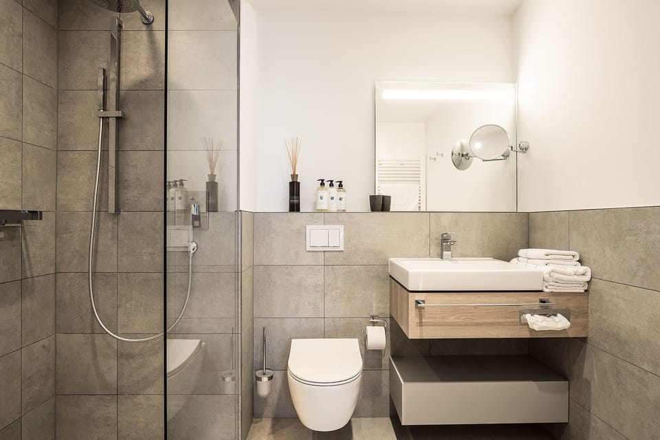 Shower, free toiletries, hair dryer, towels