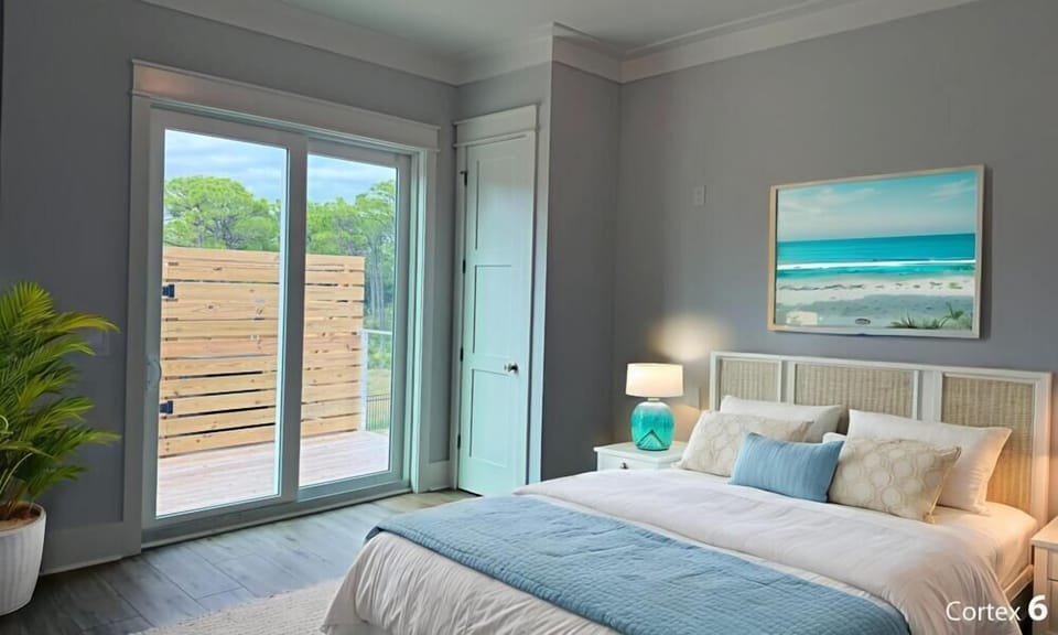 Drift off peacefully in your serene bedroom, where coastal blues and crisp whites create a tranquil retreat with private balcony access.