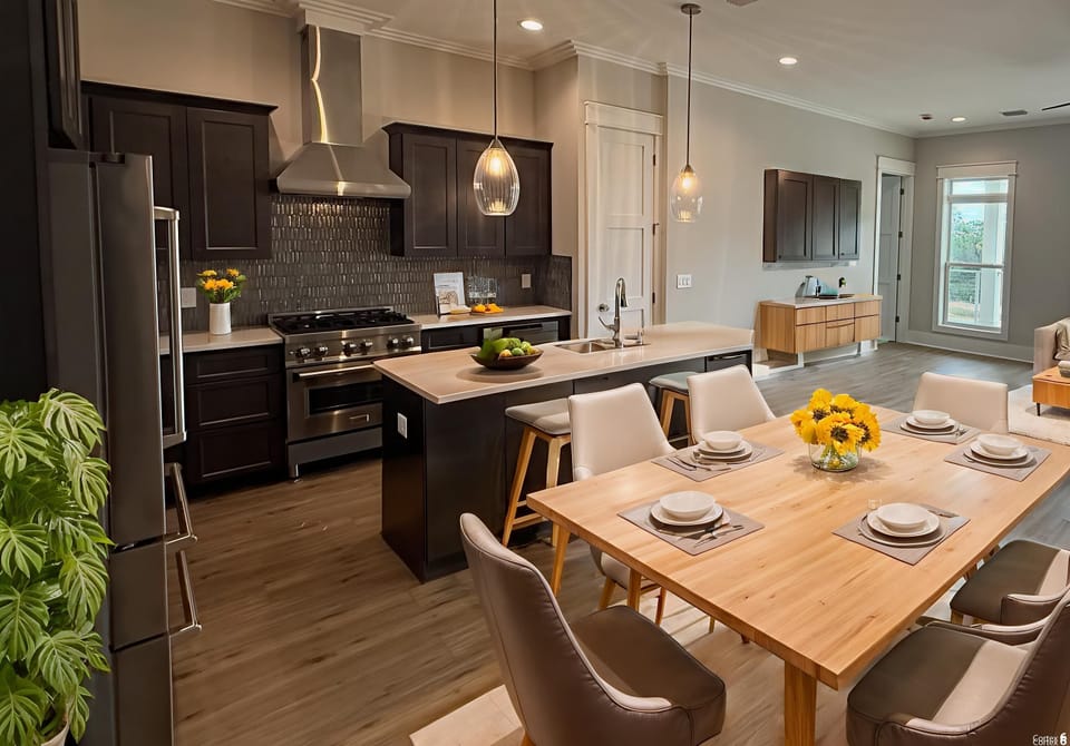 Your spacious kitchen flows seamlessly into the dining area, perfect for cooking together and sharing memorable meals around the elegant wood table.