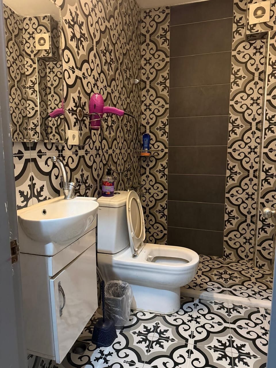 Shower, hair dryer, soap, shampoo
