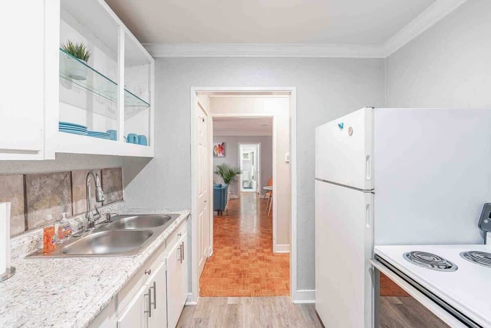 Kitchen with the free standing fridge