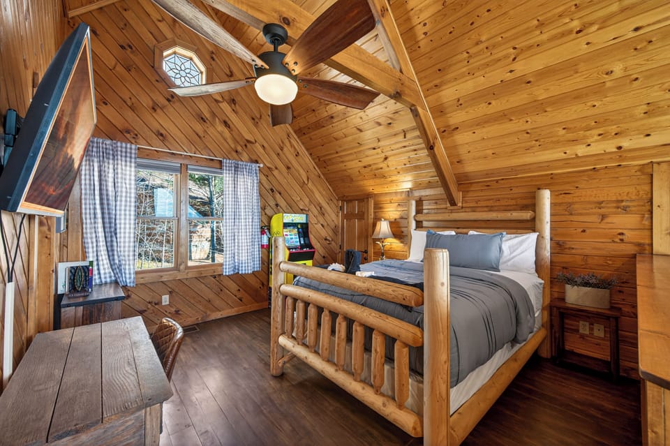 Dedicated workspace with desk and mountain views, perfect for work or planning.