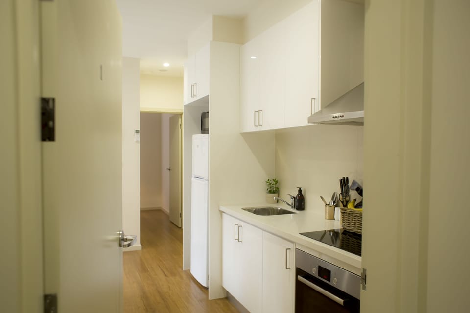 Full-size fridge, microwave, stovetop, dishwasher