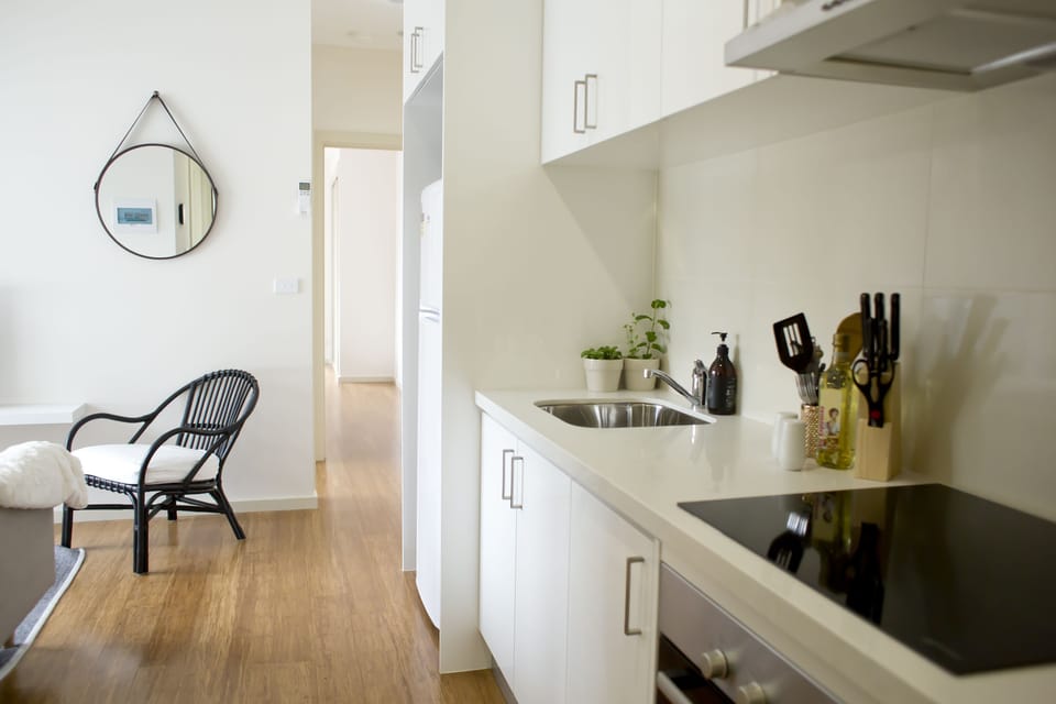 Full-size fridge, microwave, stovetop, dishwasher