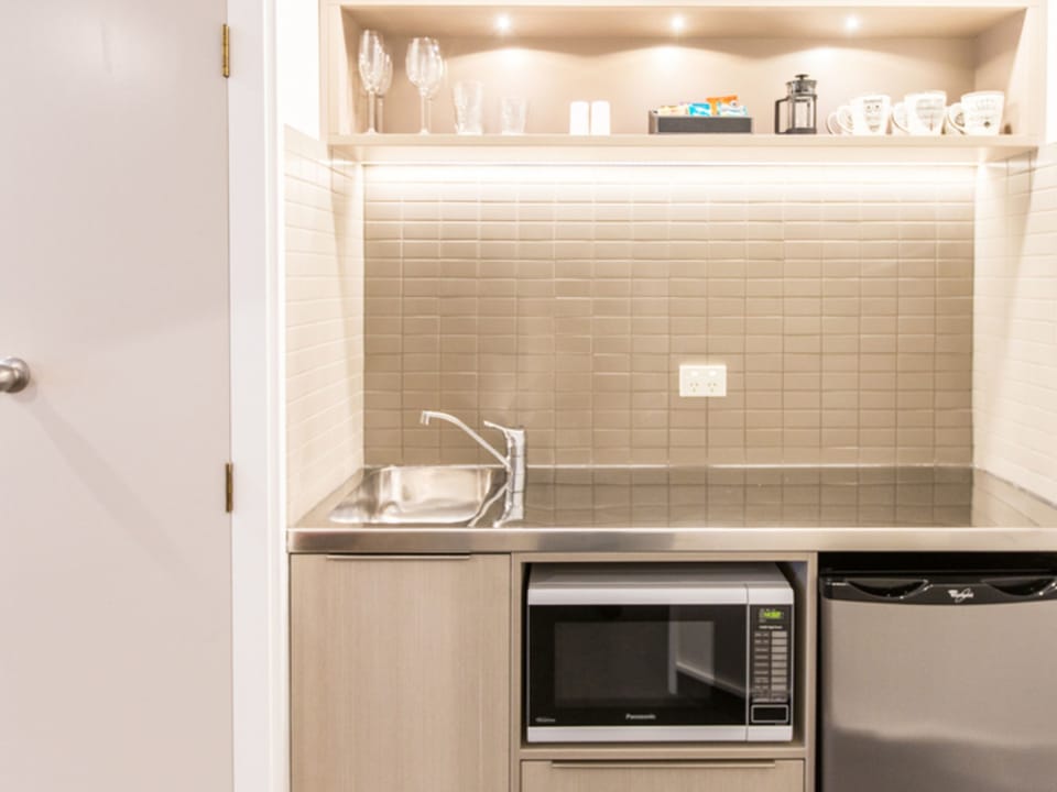 Fridge, microwave, electric kettle, toaster